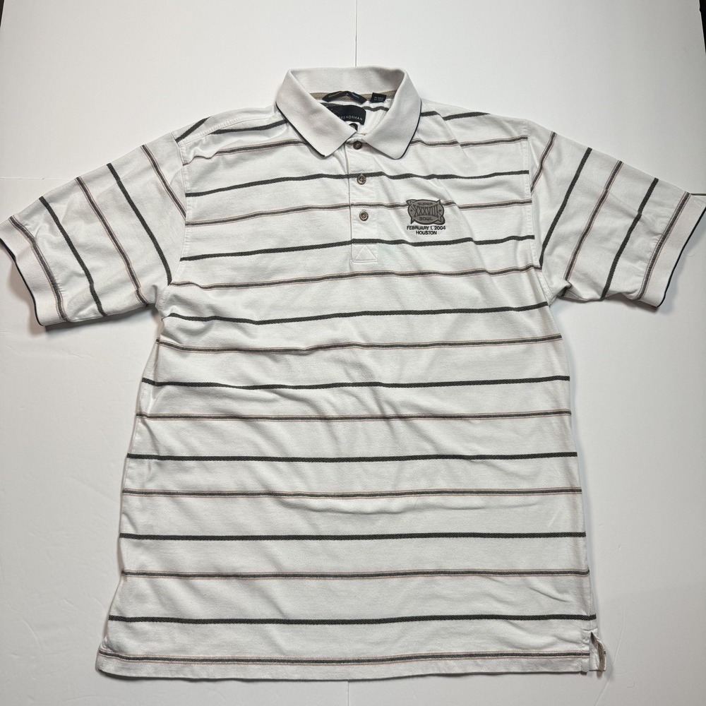 Vintage Super Bowl XXXVIII Shirt Mens Large White Striped NFL Football Polo 2004